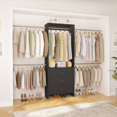 76.5"-118" W Closet System with 4 Hanging Rods and 3 Drawers