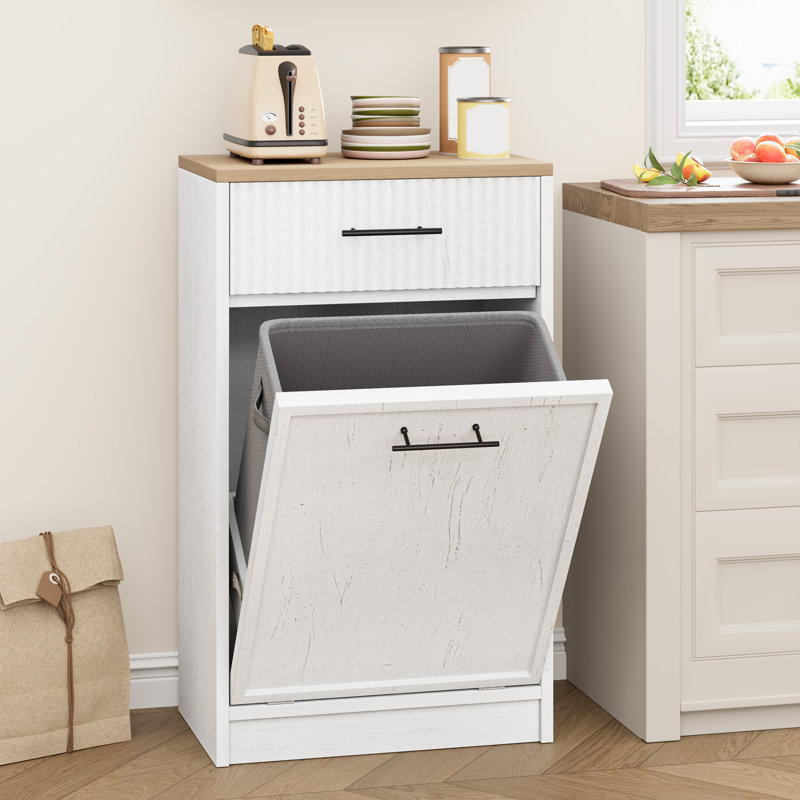 Fluted Tilt-Out Wooden Trash Can Cabinet - Hidden 10 Gallon Garbage Bin, Dog-Proof Waste Storage for Kitchen - Compact Modern Design - Dark Cherry, Single Cabinet