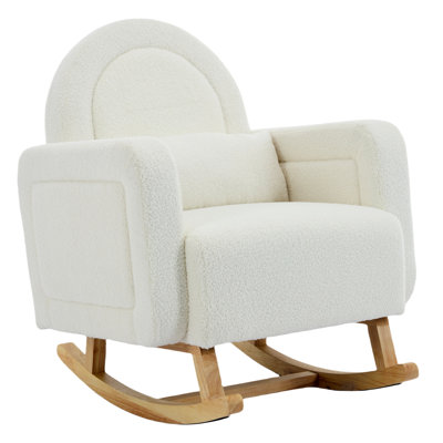 Ridge Teddy Upholstered Rocking Chair With Curved Back, Wooden Legs & Pillow