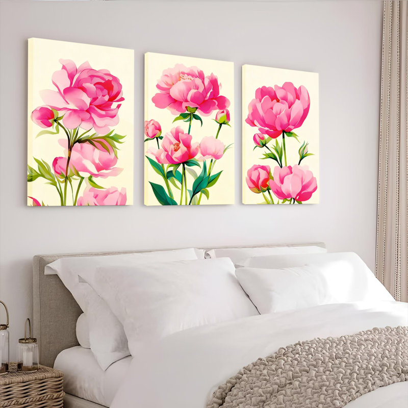 Ensemble de 3 tableaux muraux sur toile à motif floral de pivoines roses, H 24 po x l 48 po