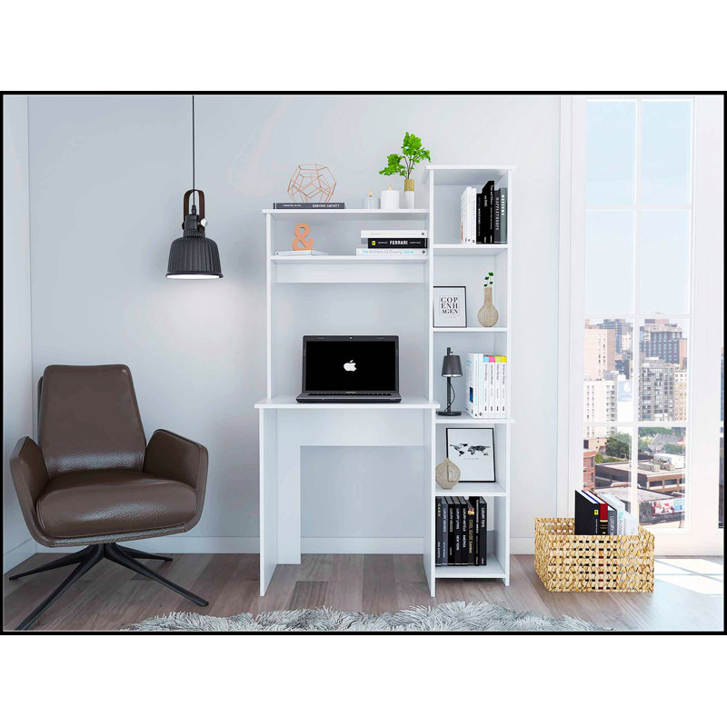 Bureau blanc à 6 tablettes avec bibliothèque intégrée, parfait pour les espaces de bureau à domicile organisés et élégants