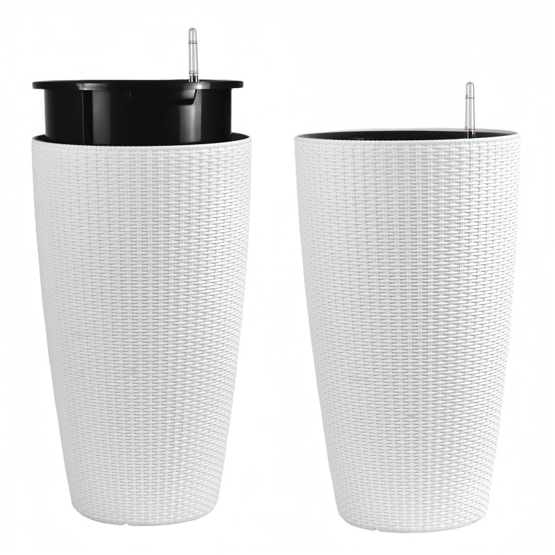 23 In. H Plastic Rattan Planter Set With Self-watering System (2-packs), White