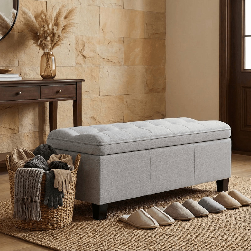 47 Inches Storage Ottoman with Soft Foam, Light Gray