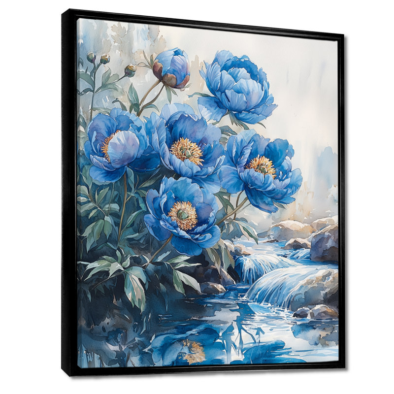 Art mural sur toile Blue Pivoines par The Stream I, H 40 po x l 30 po, Reproduction avec cadre flottant, Noir