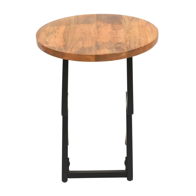 Table de bout latérale de 23 po, plateau rond en bois brun naturel, pieds modernes en fer à angle noir