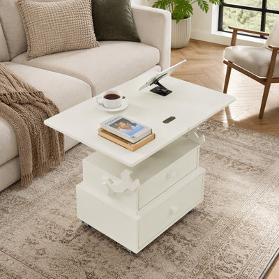 High‑Gloss Lacquered Adjustable Height Rolling End Table, Flip‑Top Multi‑Purpose Side Table with Charging Station, Lockable Wheels & Storage Drawers for Living Room Bedroom Home Office
