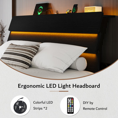  Queen Size Floating Bed Frame With Led And Charging Station,metal Platform Bed Frame With Storage Headboard,no Box Spring Needed,noise-free,easy To Assemble,black