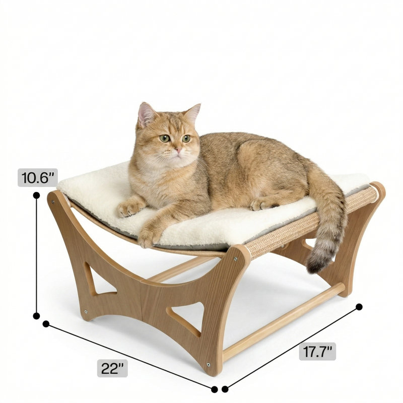 Lit surélevé en bois pour chat avec tapis à griffer en sisal naturel, coussin moelleux amovible, lit à griffer avec cadre en bois, L 22 po x l 17,7 po
