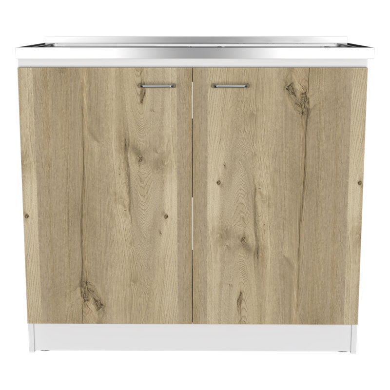 Lavabo utilitaire rectangulaire blanc 2 portes et chêne clair, Beige
