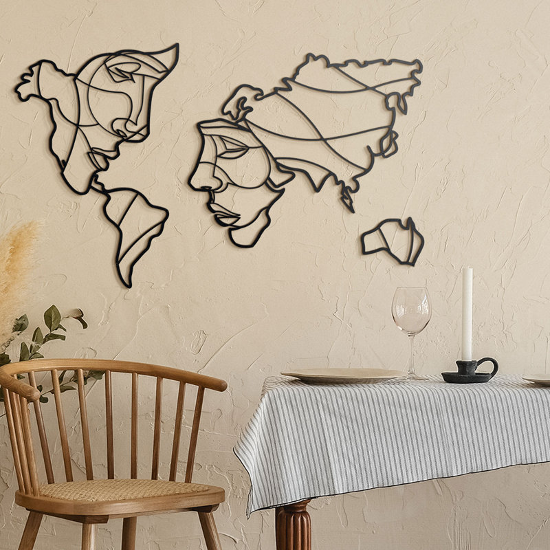 World Map Wall Decor, Map Murals, Man and Woman Face Art, Map Decor, 86cm H x 105cm W x 0.2cm D