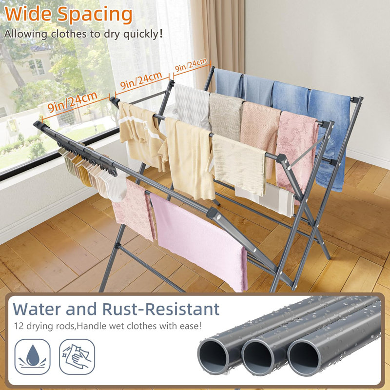 Séchoir à linge pliable à 12 tiges avec pinces à chaussettes - Support à linge en acier antirouille pour l'intérieur et l'extérieur