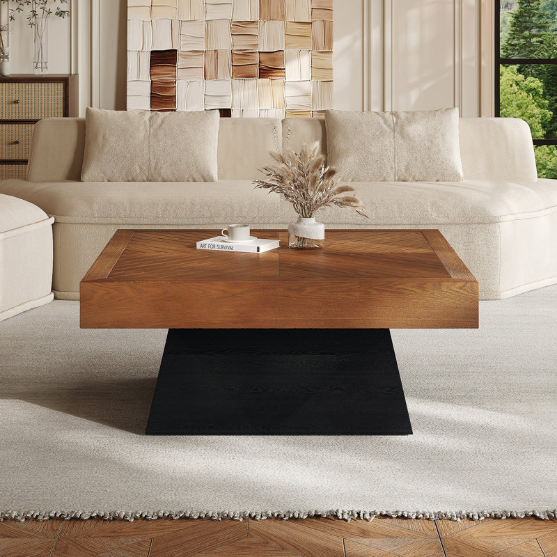 Table basse moderne carrée pour salon 31,5 po, plateau en grain de bois brun et base noire, table d'appoint de style maison de campagne de style Mid-Century