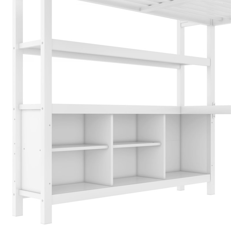 Lit mezzanine polyvalent en métal avec cubes de rangement intégrés, tablettes et bureau fonctionnel en forme de L convenant à tous les âges et petits espaces