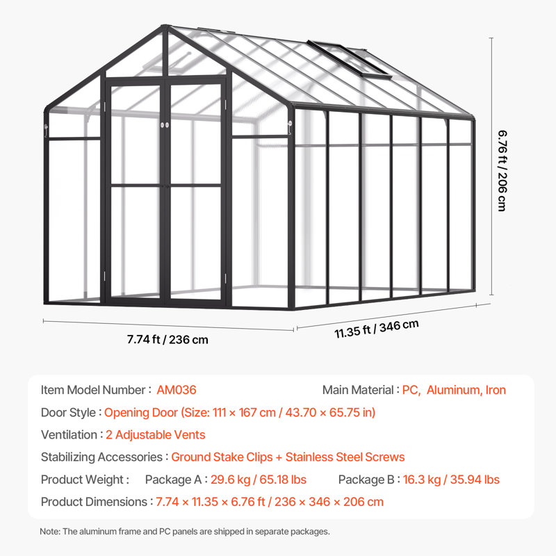Serre de jardin en polycarbonate pour l'extérieur, H 81,12 po x l 136,20 po x P 92,88 po, Noir, noir, noir, noir