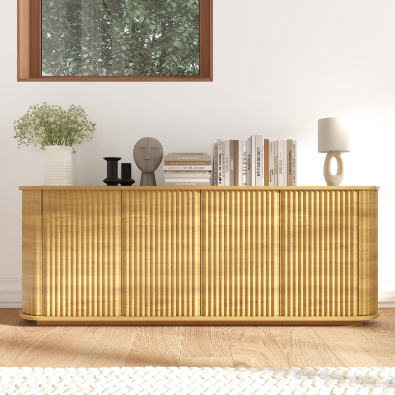 64''W Sideboard Storage Cabinet With Wave Pattern, Natural