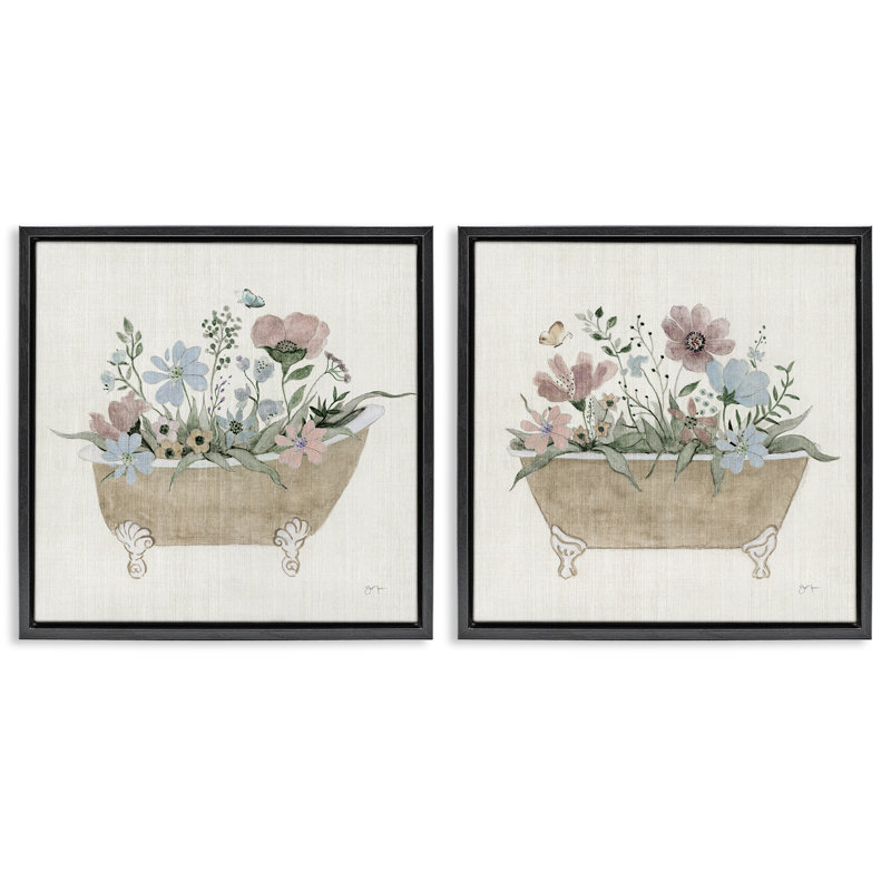 Rustic Florals in Bathtubs 2pc Floating Frame Set, design by Tava Studios, Jet Black Floater Frame, 18" H x 18" W