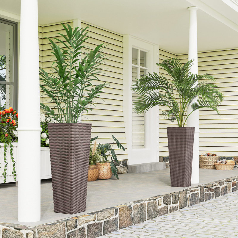 32.3 Inch Tall Planters for Outdoor Plants, Set of 2 Plastic Rattan-Like Flower Pots with Drainage Holes, Stackable Tapered Planters for Indoor Plants, Front Porch, Brown
