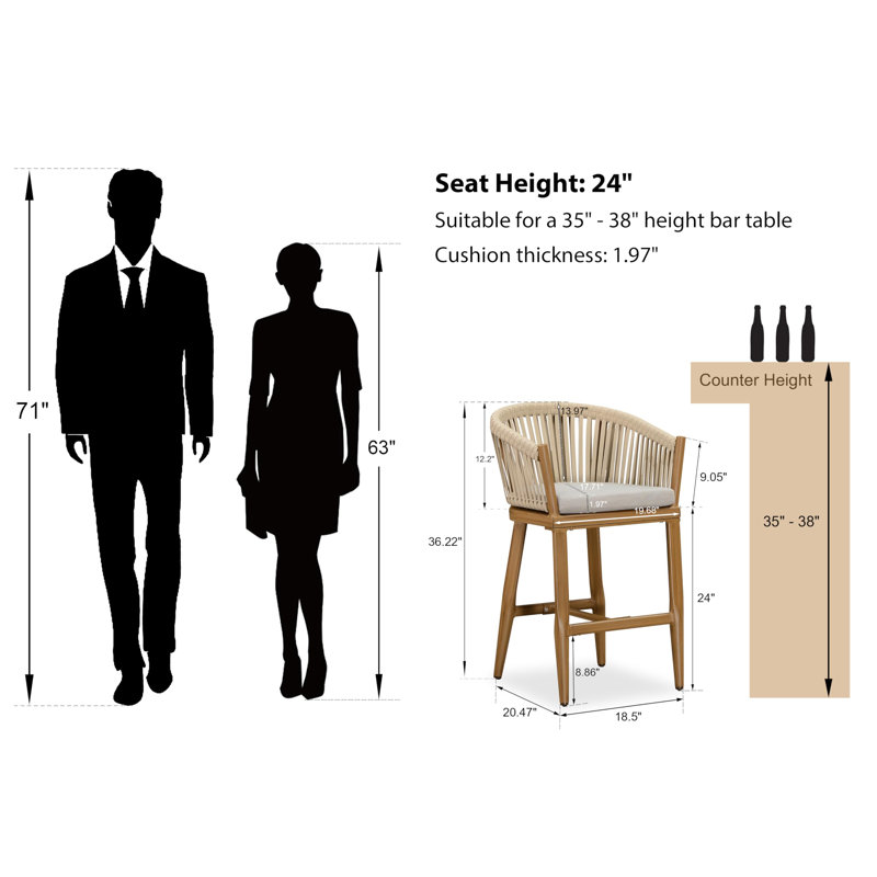 Alakai Outdoor Minimalist Woven Rattan Counter & Bar Height Stools with Premium Sponge Cushion, 24", Teak, Beige