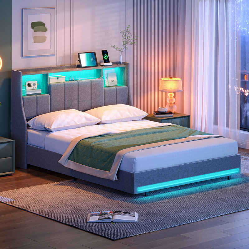 Vasiliki 45.3"H Upholstered Bed Frame, Platform Bed with Charging Station and LED Lights, Full