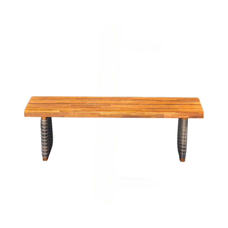 Outdoor 1Pcs Acacia Wood Bench,Teak Finish+ Grey Wicker, Gray/Teak