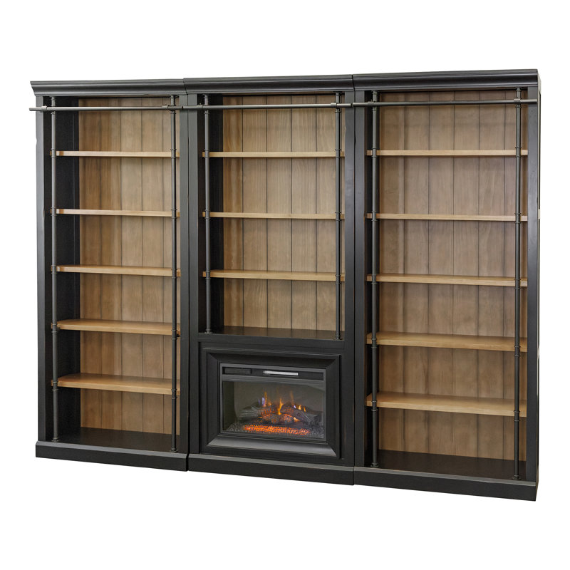 Olszewski Three 8' Tall Bookcase Wall With Fireplace and Ladder, Storage Organizer, Black