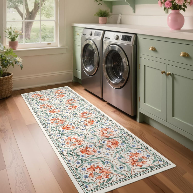 Washable Vintage Floral Hallway Runner Rug, Non-Slip, Stain-Resistant, 2x6 for Kitchen, Laundry & Bathroom - Black
