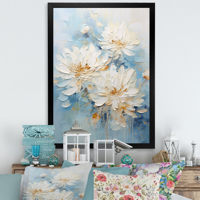 Chrysanthèmes blancs et bleus I - impression, H 32 po x l 24 po x P 1 po, Cadre simple noir