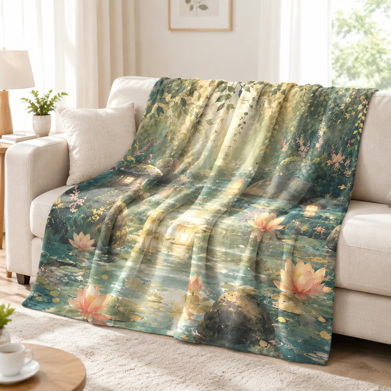 Serene Japanese Garden Throw Blanket - Water Lily Pond, Lanterns, Tranquil Landscape, Artistic Design, Lightweight, Breathable, All-Season, Skin-Friendly, Decorative, for Sofa, Couch, Living Room and Bedroom