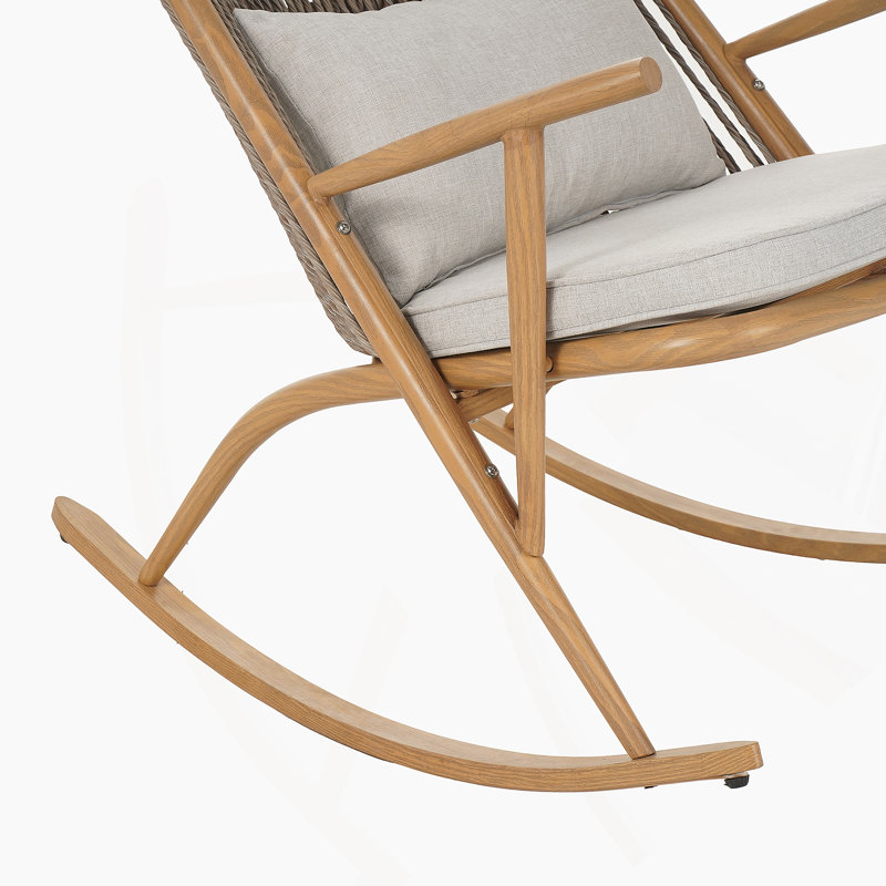 Chaise berçante d'extérieur - Structure en fer robuste au fini érable, dossier en rotin PE gris et coussin gris clair