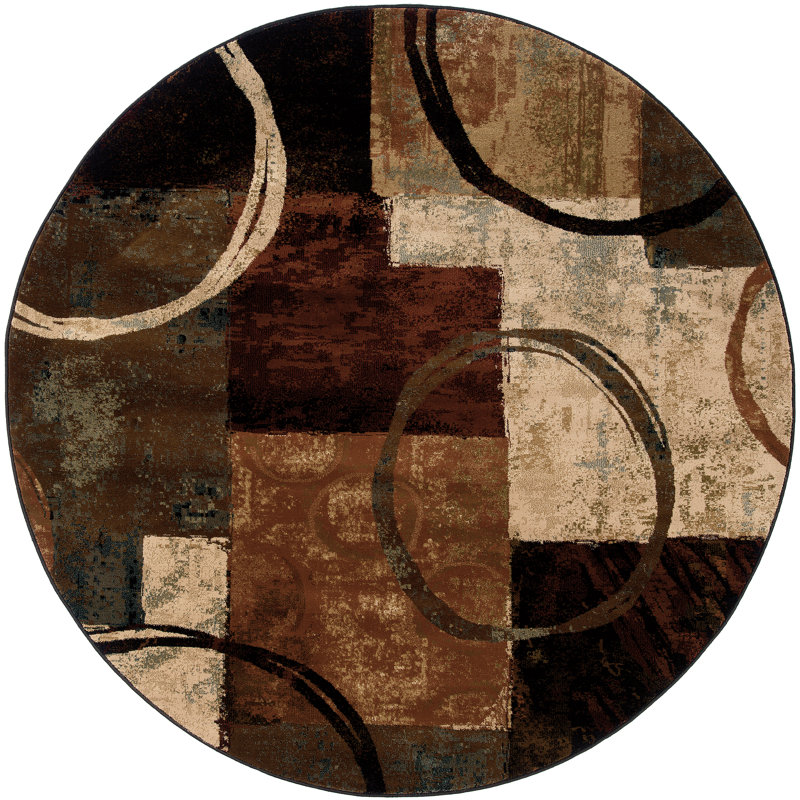 Tapis à motif abstrait brun / noir / beige Geovany, Rond 7 pi 8 po