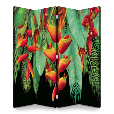 4 Panels Folding Screen Room Divider Royal Tropical plants heliconia flowers Canvas Screen Room Separator Freestanding Protective Wall Divider Privacy Partition