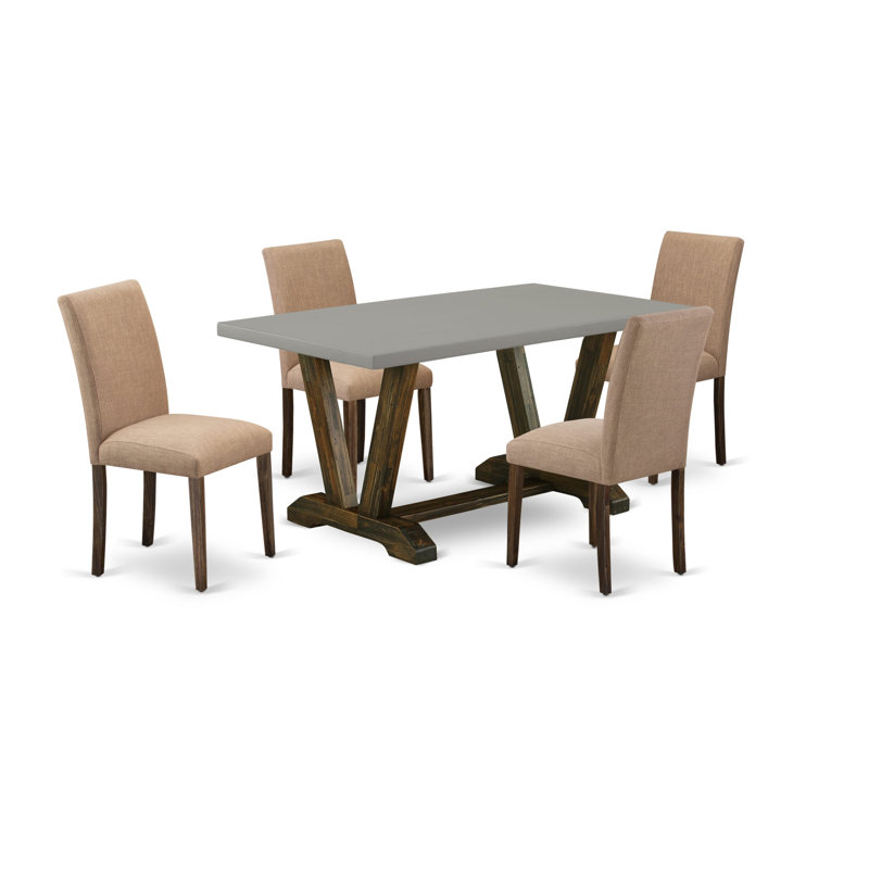 Ensemble de table de salle à manger 5 pièces comprenant une table en bois de ciment et 4 chaises rembourrées en tissu de lin sable clair - finition jacobine vieillie