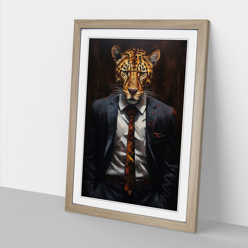 Leopard In A Suit Painting No.2 - Single Picture Frame Print on Wood, Oak Framed, 64cm H x 46cm W x 2cm D