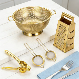 5-Piece Gold Kitchen Tool Set, Stainless Steel Colander, Fine Mesh Strainers, Lemon Squeezer, And 4-Sided Grater Slicer For Food Prep