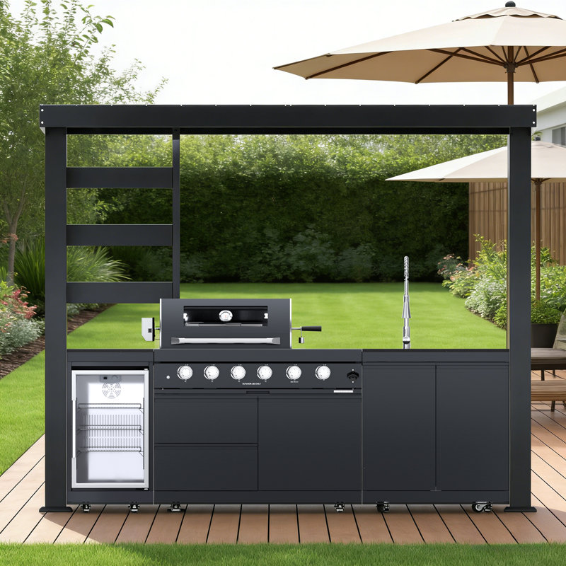 Cuisine extérieure en acier galvanisé avec barbecue et réfrigérateur en acier inoxydable, Black