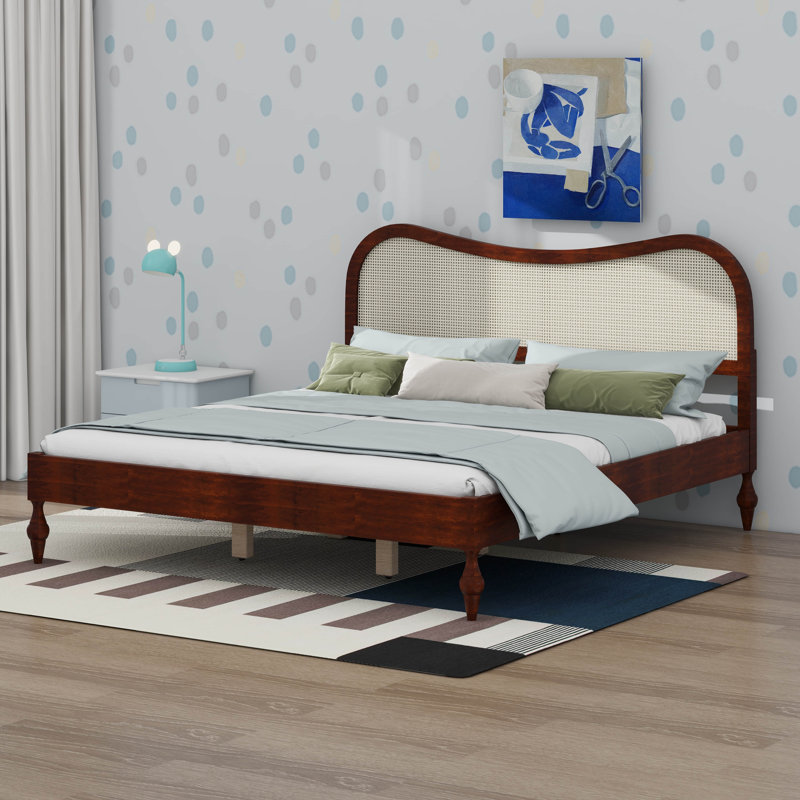 Base de lit plateforme Boho avec tête de lit en rotin Arc, Très grand lit, Noyer