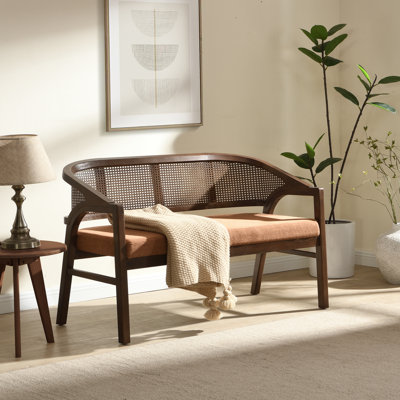 Solenne Mid-Century Modern Solid Wood & Cane Upholstered Loveseat with Curved Frame