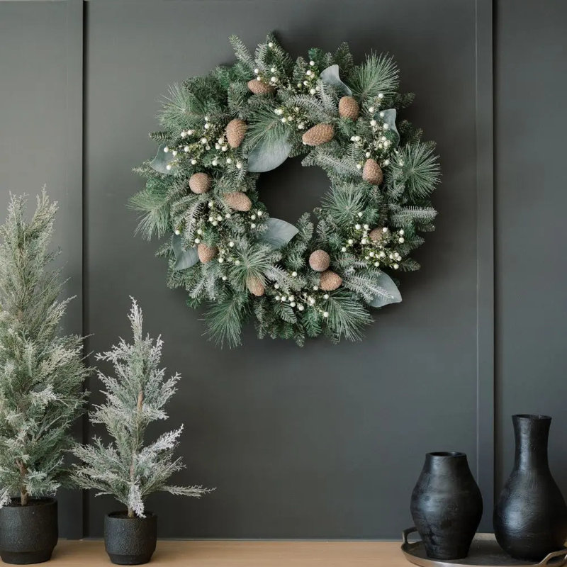 30" Flocked Woodland Pine and Berry Wreath with Pinecones and Frosted Foliage