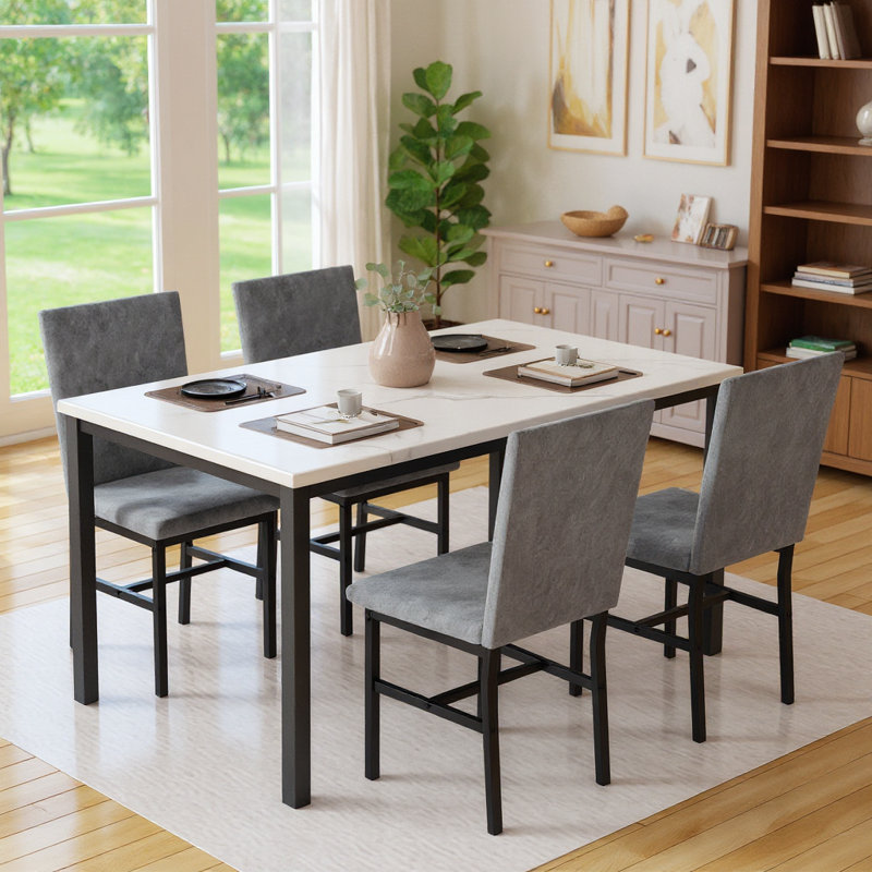 Modern Style 5 Pieces Dining Table Set For 4, Faux Marble Dining Room Table Set With Velvet Upholstered Dining Chairs, MDF Table Top And Metal Frame Dinette Set For Small Space