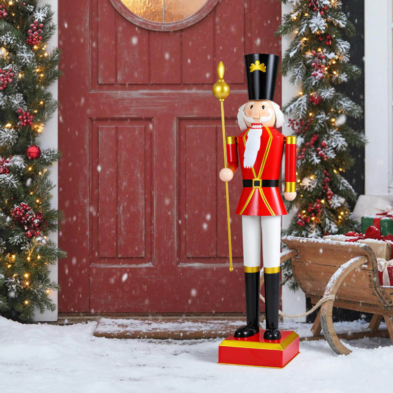 Casse-noisette de Noël 4 pi avec chapeau haut de forme et magnifique sceptre, uniforme et bottes pour la cour - noir et rouge