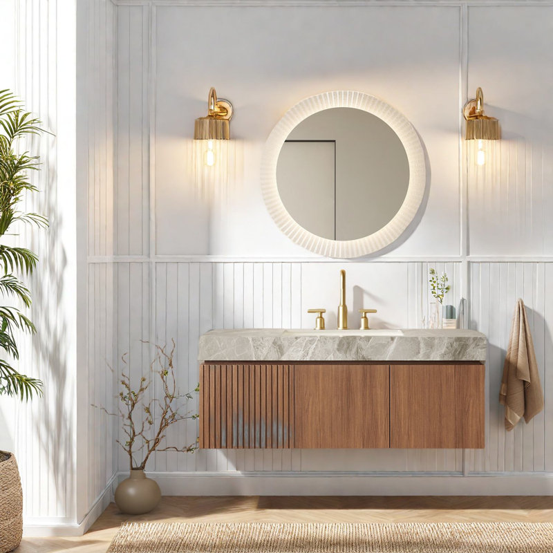 Meuble-lavabo et lavabo en chêne brun moderne, plateau en pierre frittée durable pour salles de bain élégantes