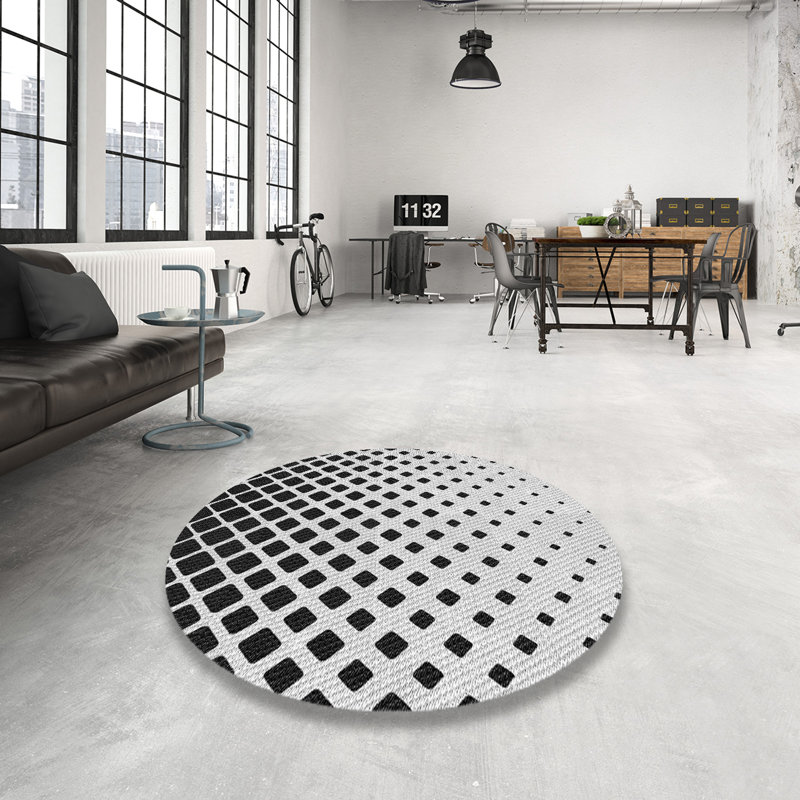 Tapis noir/gris à motifs, Rond 4 pi