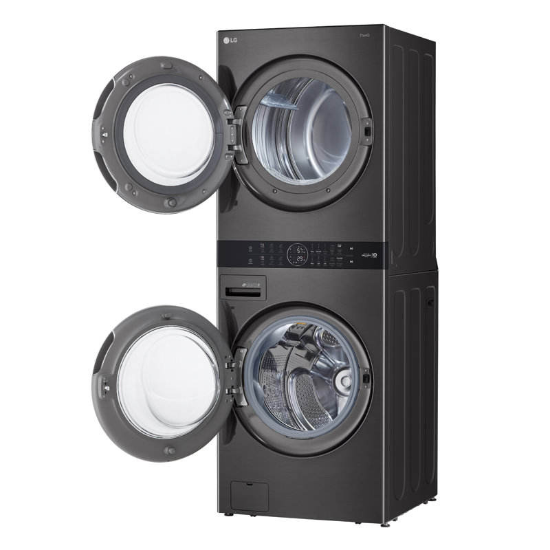 LG Single Unit Front Load WashTower with Center Control 4.5 cu. ft. Washer and 7.4 cu. ft. Dryer, Black Steel, Electric