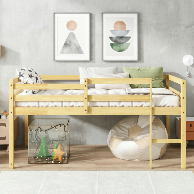 Lit mezzanine simple en bois d'hévéa avec échelle, plateforme de lattes renforcées, Naturel
