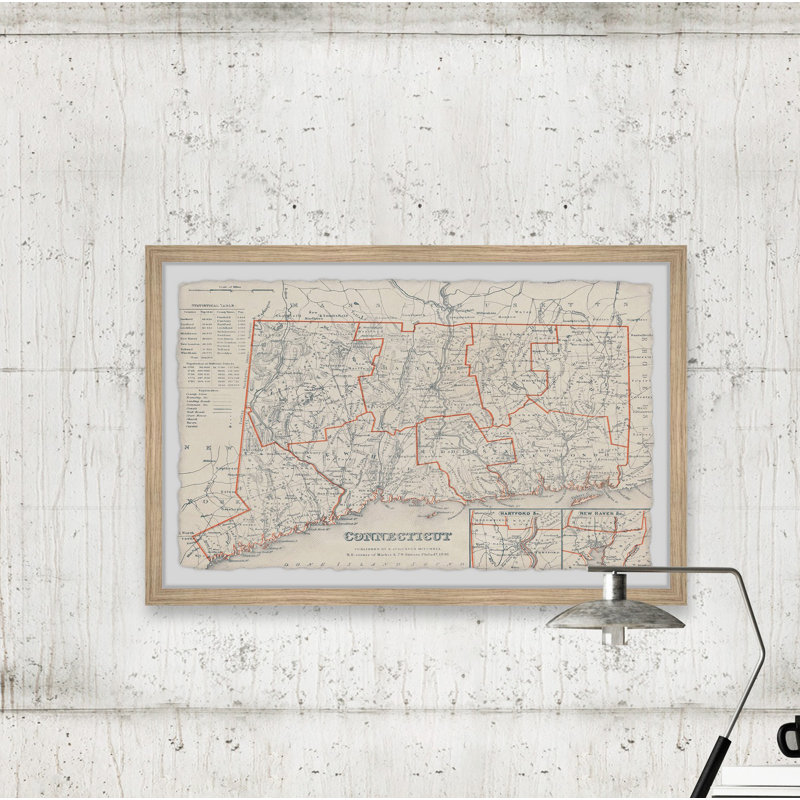 Red Outline Connecticut - Reproduction d'art graphique sur papier encadré, H 24 po x l 36 po x 1,5 po