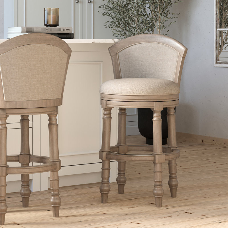 Tabouret de bar gris avec dossier pivotant à 180 degrés, siège et dossier rembourrés de couleur beige, hauteur de 31 pouces, structure en bois massif, dossier pivotant à assemblage rapide beige, confortable pour boire