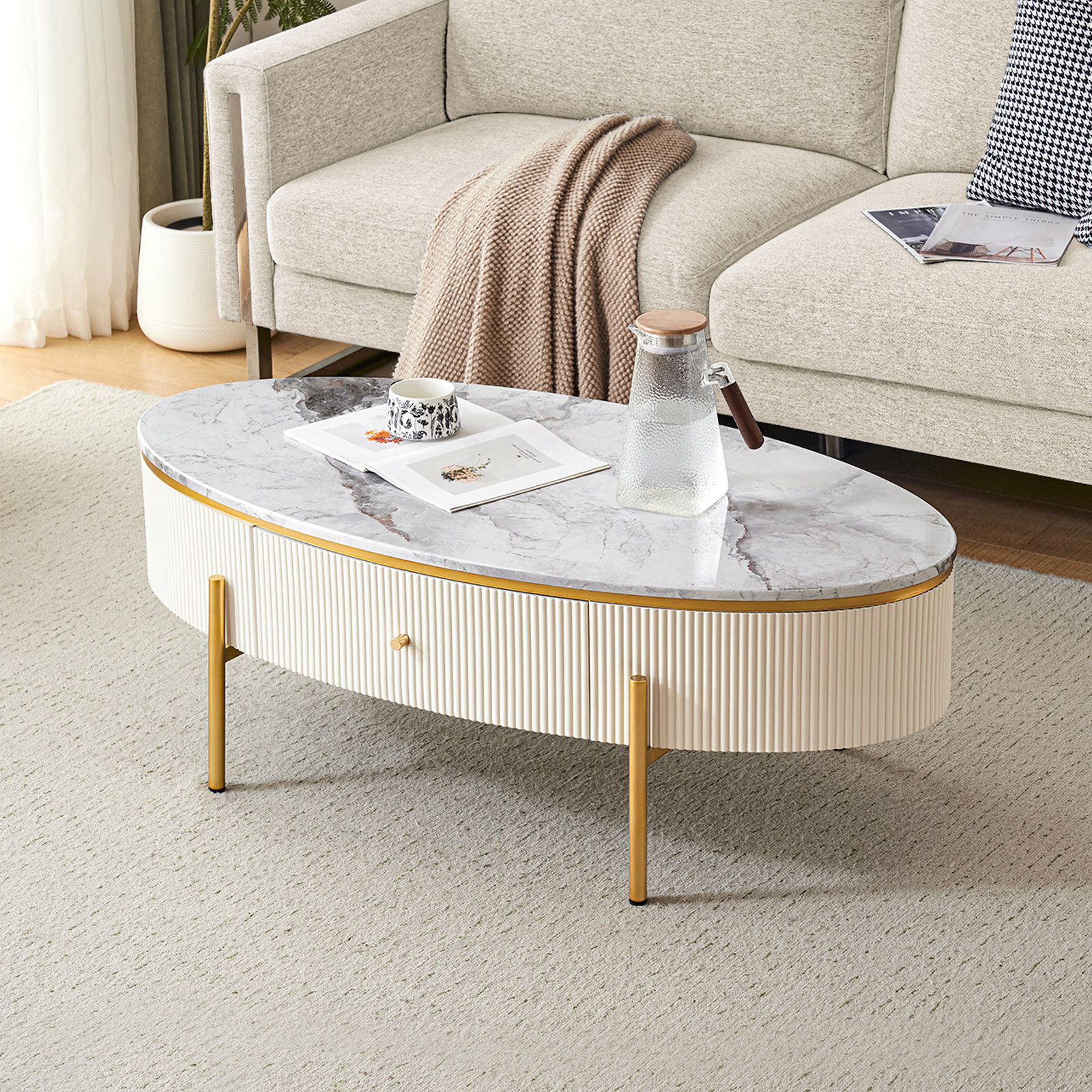 Table Basse Ovale Blanche Double étagère - 100x50x45 Cm, Planche 15 Mm épaisse, Pieds En Pin - 11