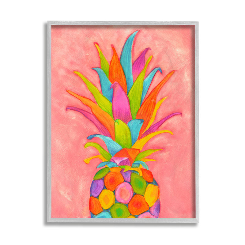 Vibrant ananas fruit amusant rose bleu jaune, H 14 po x l 11 po, Estampe numérique Farmhouse