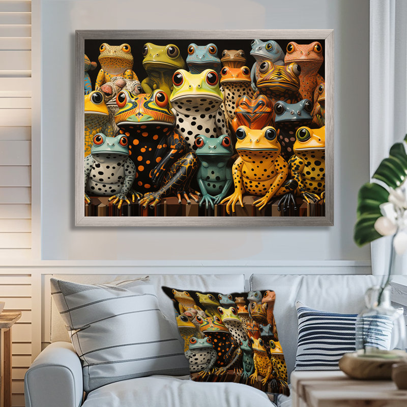 «Multicolor Pop Art Frogs I», reproduction d'art sur toile, H 24 po x l 32 po x P 1 po, Cadre simple argenté