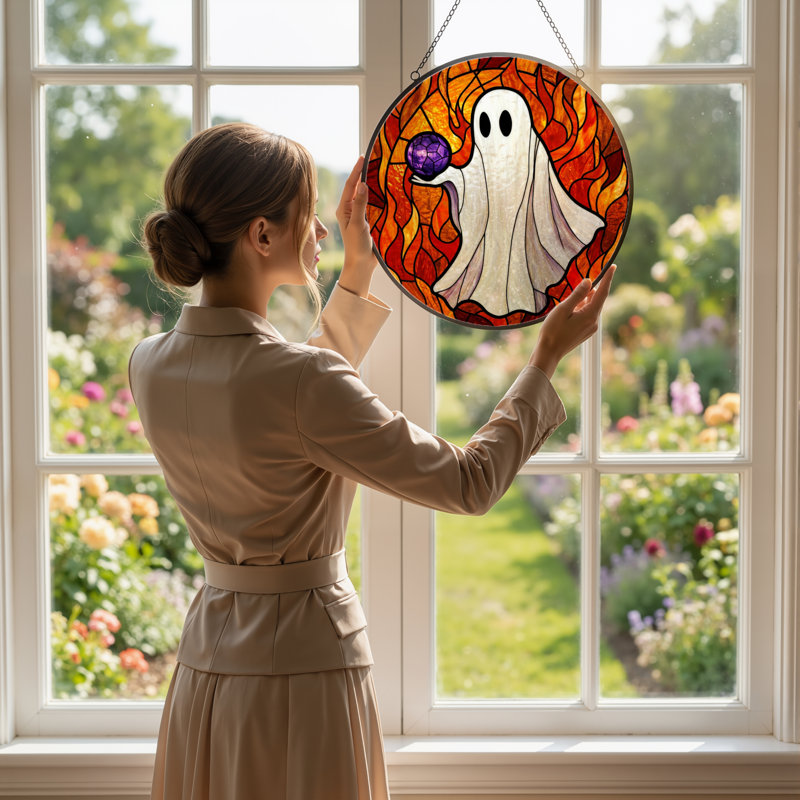 12"H Ghost Flame Stained Glass Window Panel